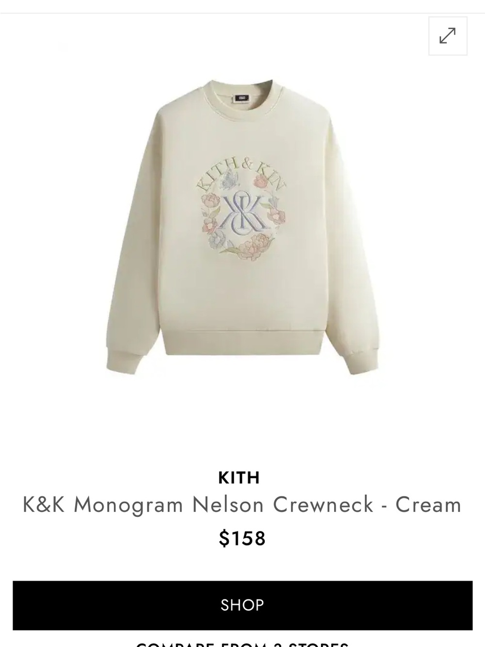 NWOT: Kith Cream Crewneck with Pastel Floral Monogram